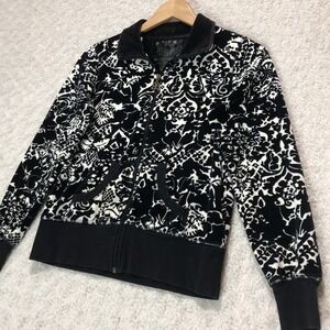 Full Zip Velvet Jacket Black White Damask Print Pockets Size‎ Small